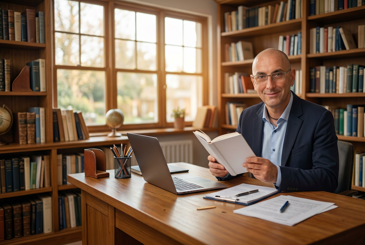 Angelo legge un libro nel suo studio